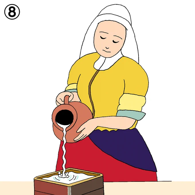 ⑧おせちにも牛乳を注ぐ女⑨子どもをあやす真珠の耳飾りのくノ一⑩玉虫のタマミがラストスパートで徹夜勉強しているところ 