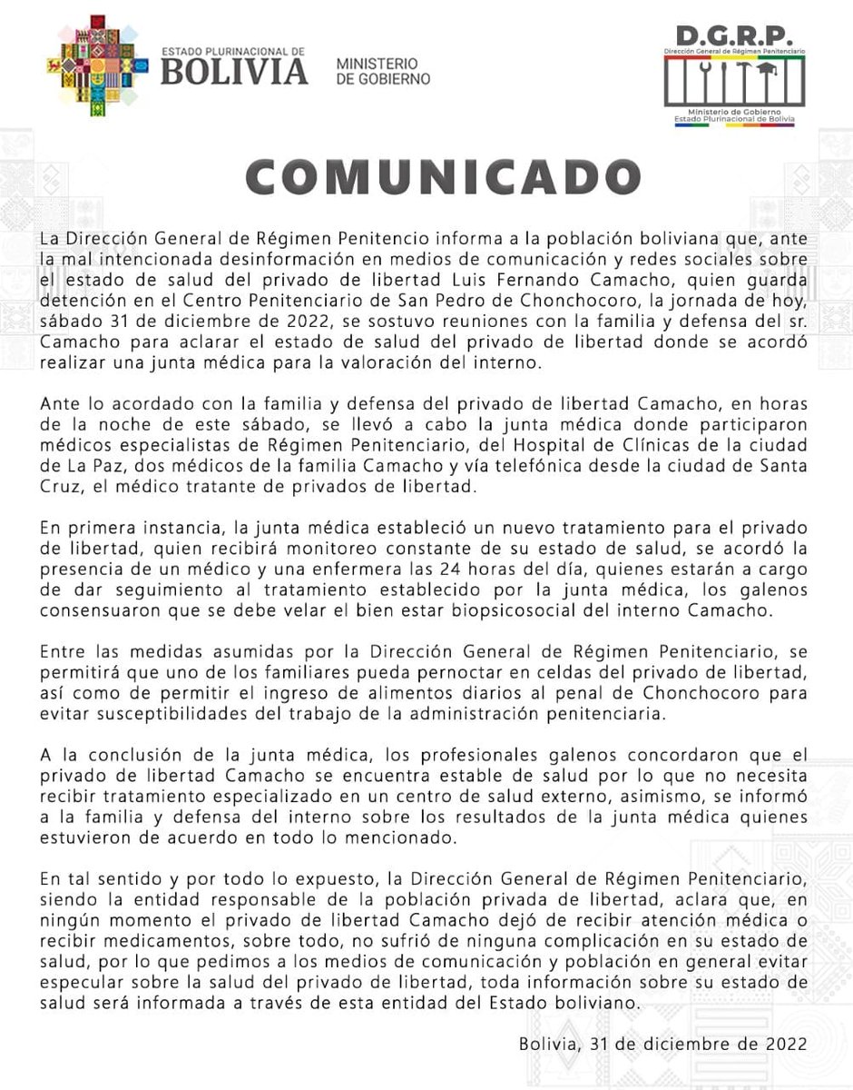 Régimen Penitenciario informa que se realizó una junta médica que determinó que Luis Fernando Camacho se encuentra estable de salud y no requiere tratamiento especializado en un centro de salud externo.
#ATBDigital atb.com.bo