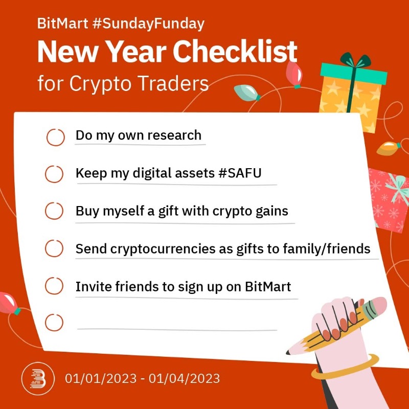 BitMartExchange's tweet photo. 2023 is here 🎉 What's your #crypto-related checklist for the new year? 

1️⃣ Follow us, RT, tag 3 friends &amp; comment
2️⃣ Sign up with #BitMart: https://t.co/e1Z81sLY1Y
3️⃣ Fill in the form: https://t.co/LRAxtpxqSh

50 lucky winners will share 1,000 USDT when RTs > 5k 🎁