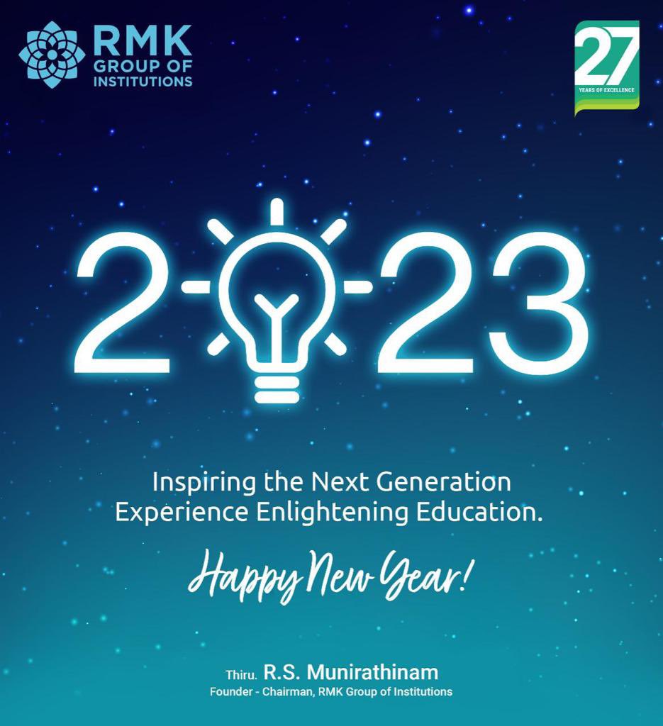rmdecprincipal's tweet photo. "Happy New Year 2023" wishes from R.M.K Group of Institutions. 

#rmdec #rmdengineeringcollege #rmkgroupofinstitutions 
#happynewyear2023 #newyear2023 

@rmdcse @RMDITDEPT @rmd_ece @EeeRmd @EieRmd  @rmd_snh @HodRmd @RmdAiml https://t.co/OIlVcgzSfl