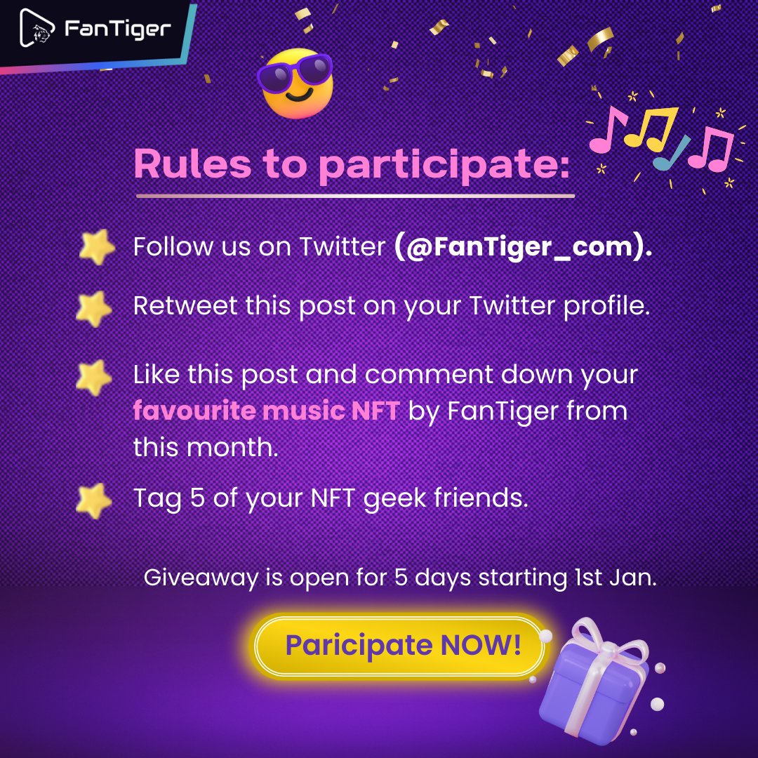 And here's the giveaway you've been waiting for 😍 Follow these simple rules to enter the giveaway! Remember, giveaway ends on January 5th (11:59 pm IST), so hurry up🔥

#FanTiger #giveaway2023 #Giveawayalert #NFTGiveaway #HappyNewYear2023 #NewYearGift