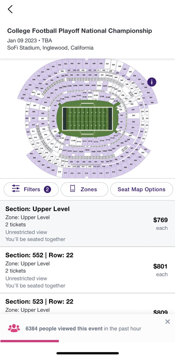 GradickSports's tweet photo. The lowest price of two tickets before fees for the National Championship is currently $769 each before fees on StubHub. https://t.co/iZiSu8YHiY