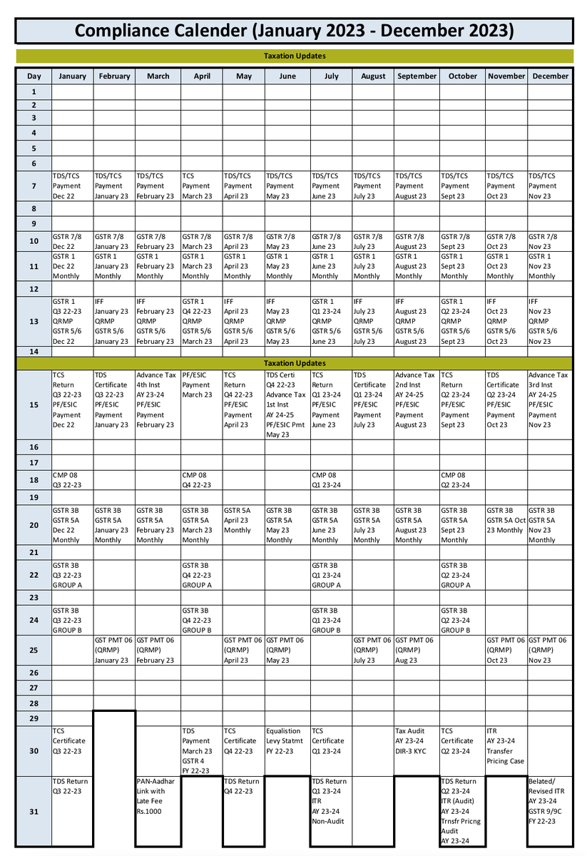 TaxationUpdates's tweet photo. Compliance Calendar for Year 2023
(January 2023 to December 2023)

@TaxationUpdates https://t.co/AZRcapel3f