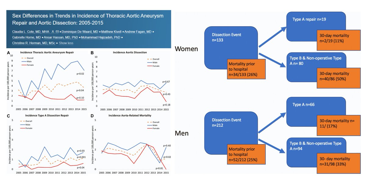 Thoracic #AorticDissection (type A+B) in Nova Scotia, Canada🇨🇦2005-2015

382 scheduled thoracic #AorticAneurysm repair
294♂️vs 88♀️

345 dissection events
212♂️vs 133♀️
4.4 vs 2.4 per 10,000 person-years🧐

Dr. Claudia Cote lab #CJCOpen 2022 @CJCJournals
cjcopen.ca/article/S2589-…