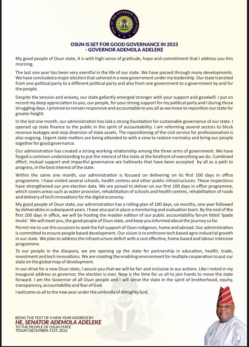 Osun_State_Gov's tweet photo. OSUN IS SET FOR GOOD GOVERNANCE IN 2023 - GOVERNOR ADEMOLA ADELEKE https://t.co/yvLMhZkSPU