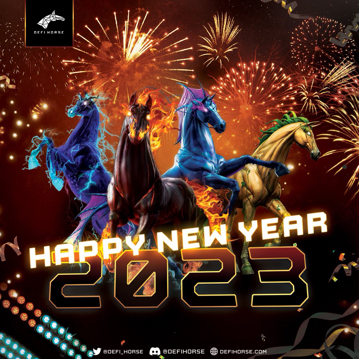 DeFi_Horse's tweet photo. ✨ 𝗛𝗔𝗣𝗣𝗬 𝗡𝗘𝗪 𝗬𝗘𝗔𝗥 𝟮𝟬𝟮𝟯 ✨

2022 brought us ups and downs. And no matter what, #DeFiHorse is grateful for our communty &amp; supporters.

Here's to a glorious 2023 - we wish you health, wealth, joy and great fortune. 🐎🚀

Let's rock 2023 with the #HORSEVERSE? 💥 https://t.co/daHa7tHAnn