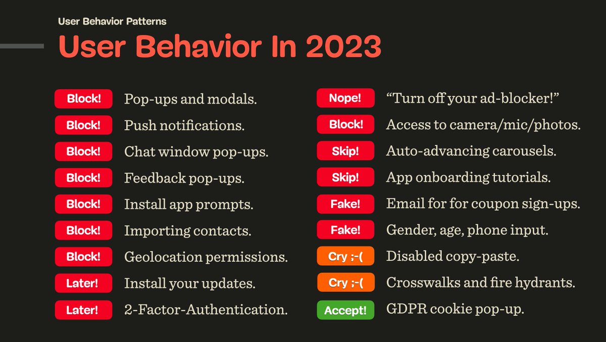 vitalyf's tweet photo. 🎊 User Behavior 2023:

🚫 Pop-ups/modals
🚫 Push notifications
🚫 Chat window pop-ups
🚫 Feedback pop-ups
🚫 Install app prompts
🚫 Import contacts
🚫 Geolocation permission
🔜 Install your updates
🔜 2FA
🚫 “Turn off your ad-blocker!”
🚫 Access to camera/mic/photos

#ux #design https://t.co/gVZMhGzHIH