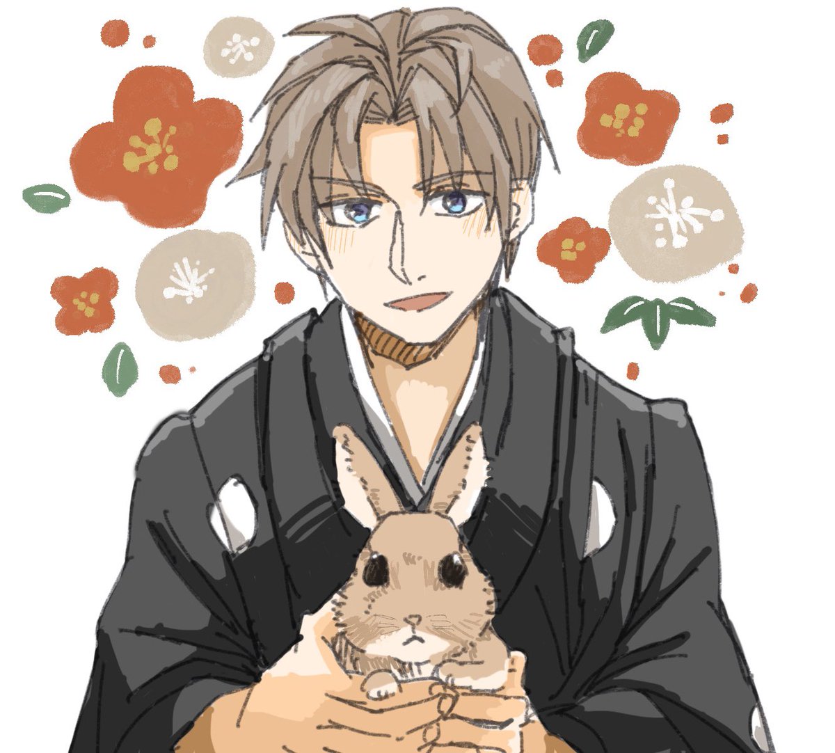 1boy male focus japanese clothes blue eyes kimono rabbit brown hair  illustration images