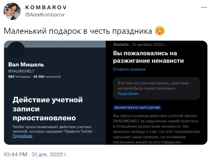 Разницы между зиговатой, которая обстреливает ракетами родной город Вал Мишеля и навальнятами, которые бомбят его аккаунт мерзкими жалобами – нет никакой. 
Гоните их, насмехайтесь, забрасывайте ссаными тряпками!