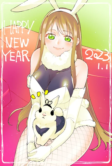 おっしゃ間に合った!!!改めて新年あけましておめでとうございます～!!年なのでふわもこバニーちゃんとバニー服を着せられたうさちゃんのイラストです!! 