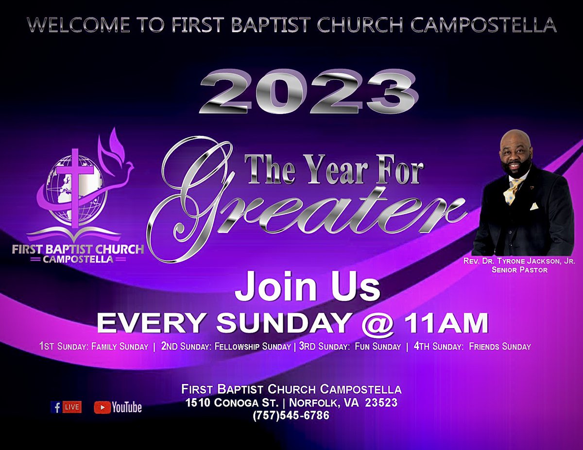 TyroneJacksonJr's tweet photo. Happy New Year To All…
“Join Us for Sunday Morning at 11AM…”
(Jan. 1, 2023)
~It’s COMMUNION & FAMILY Sunday~
(A time when Families, Members & Ministries come together & Commune one with another…)
“The Year For GREATER…”
💜🖤💜
#FBCC2023
#TeamFBCC
#RevDrTyroneJacksonJr https://t.co/7L3jD7ymEw