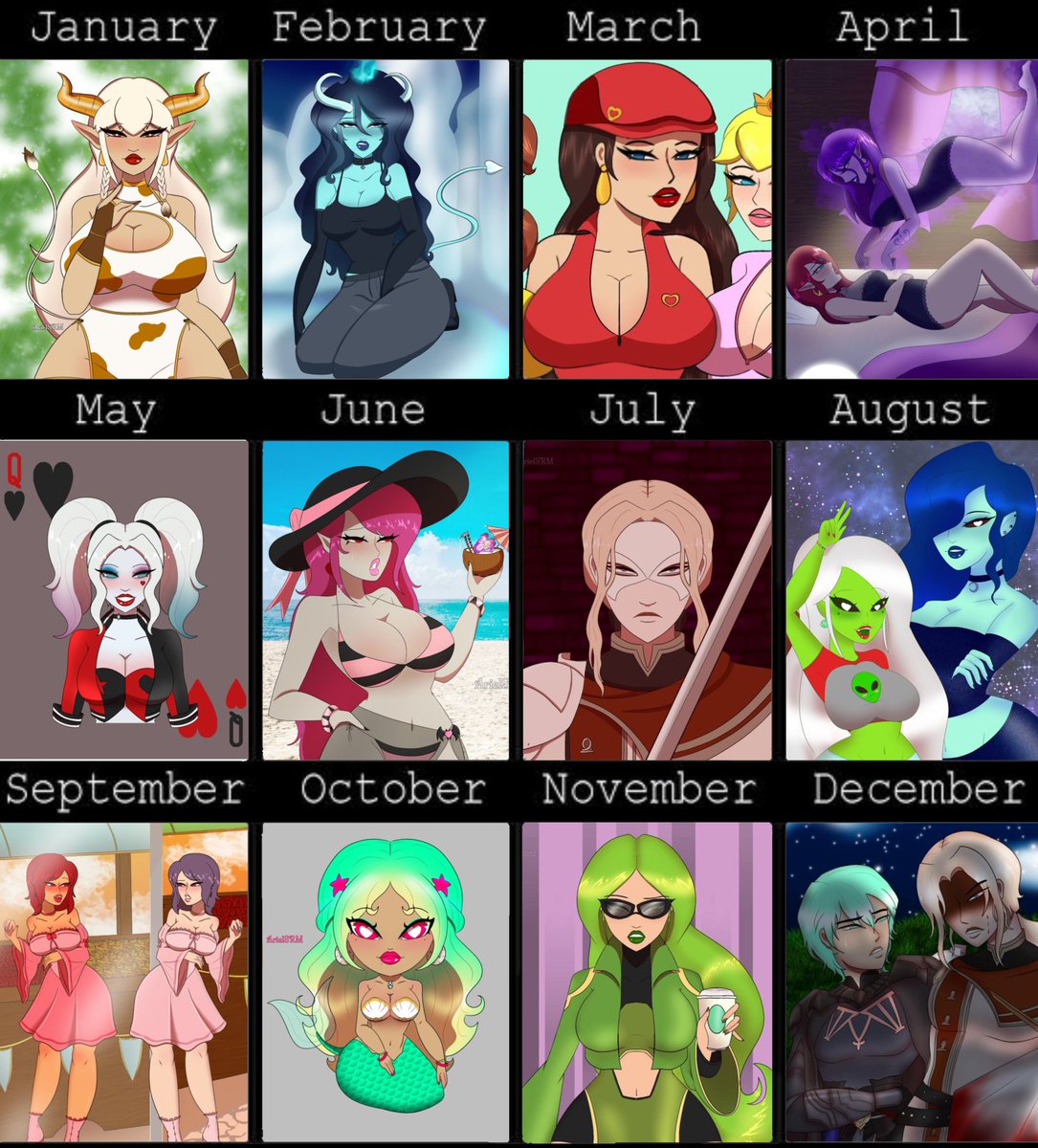 Arielsrm98's tweet photo. My pieces for every month of 2022.
I apparently have a few pieces that I've not shared yet oops
#art #2022 #2022art #2022artistwrapped #fireemblem #oc #candycuties #mermaid #jeritza #byleth #marvel #harleyquinn #DC #Harley #vampire #pauline #Mario https://t.co/Hwm87QO6ZC