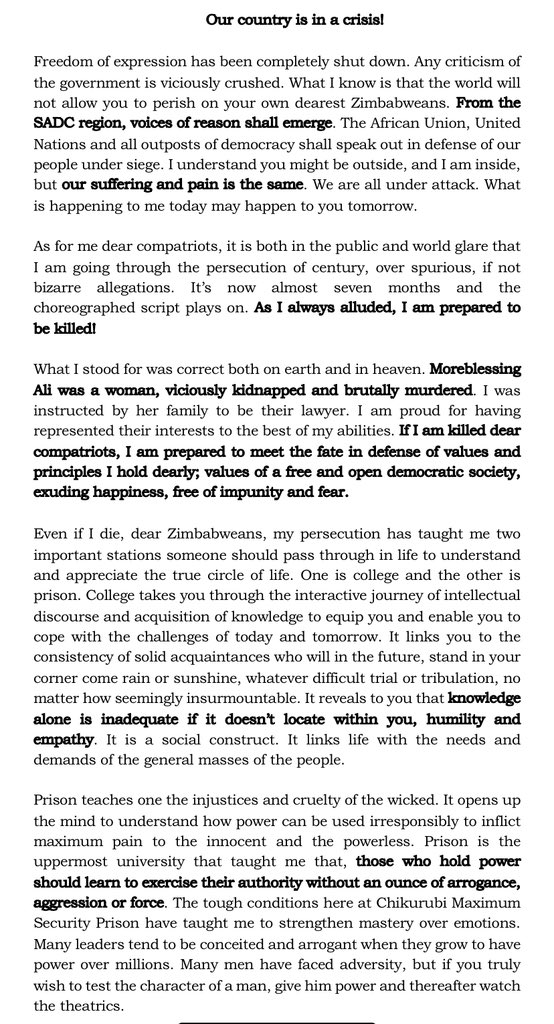 EmmanuelGumbo_'s tweet photo. Political prisoner @JobSikhala1 pens emotional New Year Epistle from the dungeons of Chikurubi Security Maximum Prison, after spending over half a year in pre-trial detention @drjaytee87 @robertamsterdam @Sophie_Mokoena @peterndoro @MmusiMaimane @ibbosnr @HHichilema @daddyhope https://t.co/WQvl6MDf9P