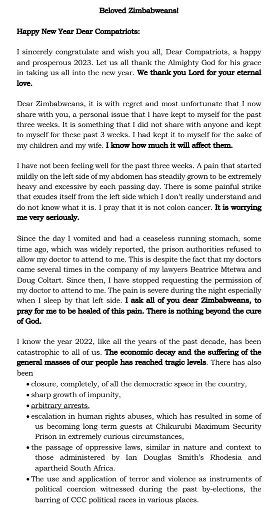 EmmanuelGumbo_'s tweet photo. Political prisoner @JobSikhala1 pens emotional New Year Epistle from the dungeons of Chikurubi Security Maximum Prison, after spending over half a year in pre-trial detention @drjaytee87 @robertamsterdam @Sophie_Mokoena @peterndoro @MmusiMaimane @ibbosnr @HHichilema @daddyhope https://t.co/WQvl6MDf9P