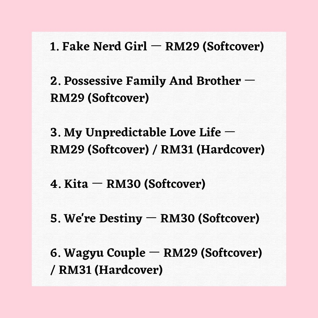 📌 Fake Nerd Girl by @asih_ebal 
📌 Possessive Family &amp; Brother by Aal_lyaa
📌 My Unpredictable Love Life <a href="/DOKKIEYOM/">teteh</a> 
📌 Kita <a href="/buminyakala/">Kala𓍯</a> 
📌 We're Destiny <a href="/deertyongin/">caca / hiatus</a> 
📌 Wagyu Couple @dickckim