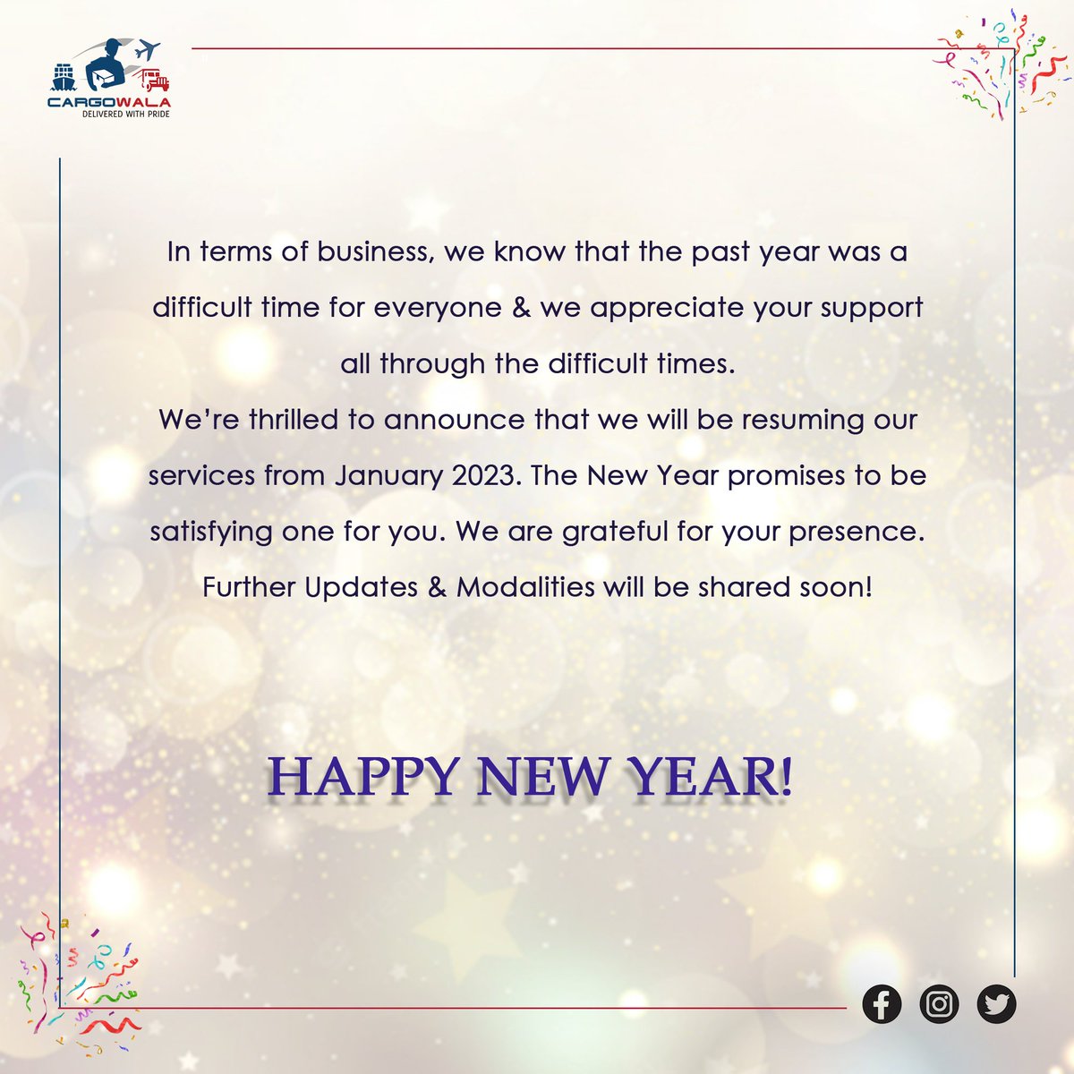 cargo_wala's tweet photo. Happy New Year Everyone 🎊

#cargowala #HappyNewYear2023 https://t.co/Cb2Fp1Or41