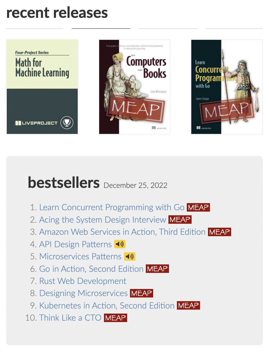 The early release of my book "Learn Concurrent Programming with Go" has made it to the top 10 on the manning site! Happy new year everyone! 
Get your copy at mng.bz/QnXQ
Use coupon au35cut for 35% discount.