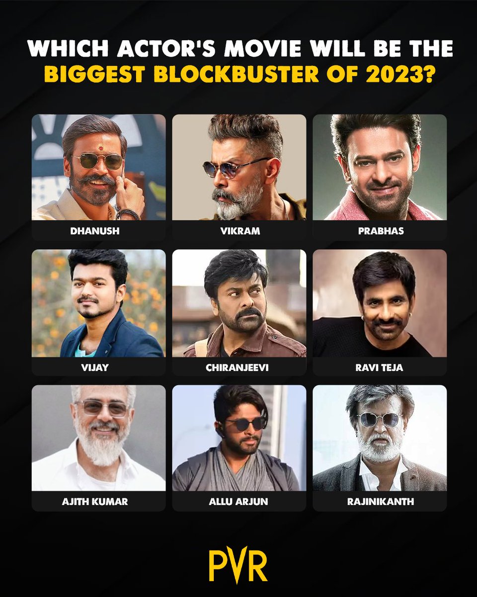 Which actor do you think will give the biggest blockbuster of 2023? Comment and let us know. 
.
.
.
#SouthIndianCinema #SouthMovies #Kollywood #Vijay #AjithKumar #Dhanush #Vikram #AlluArjun #Chiranjeevi #RaviTeja #Rajinikanth #Prabhas