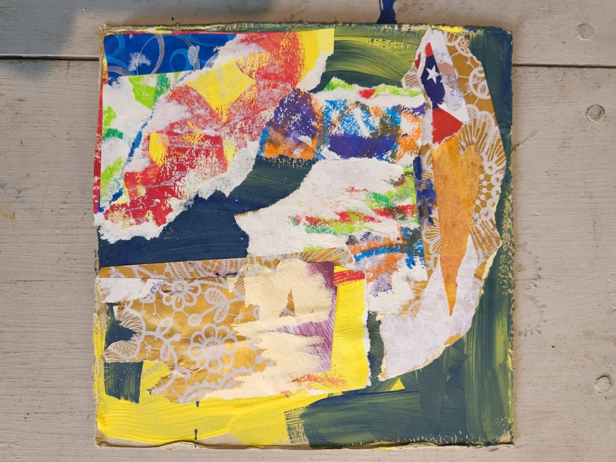 durreen's tweet photo. Why art? Art is a universal language we share as we bridge countries together through impact investing, even though they may be worlds apart. Here, I share a picture of my own modern art collage painting, one of bright colors representing my defiant optimism. #SheisMore https://t.co/DB5FNFfG2a