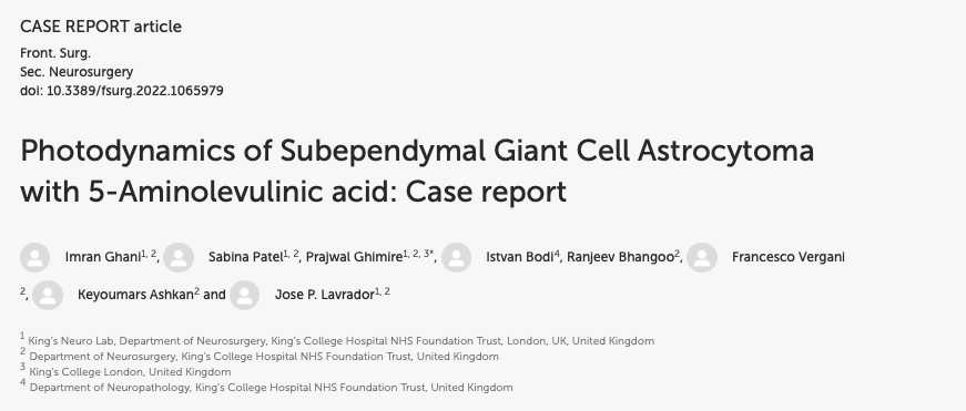 KingsNeuro's tweet photo. Happy New Year from team @KingsNeuro. Publication to start the new year:
"Photodynamics of Subependymal Giant Cell Astrocytoma with 5-Aminolevulinic acid"
Read more: https://t.co/B5s5py3BA6
👏💪@PrazNeuro @lavrador_jose @Sabzp87 https://t.co/0YjUJzRuO7