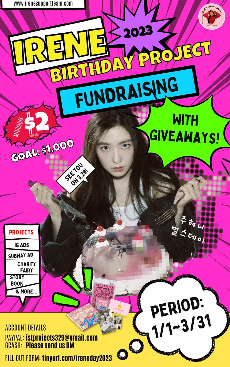 IreneVotingTeam's tweet photo. 📌 [ 2023 #IRENE BIRTHDAY PROJECT ]

Pt.1: FUNDRAISING PROJECT + GIVEAWAY

Main Projects: Story Book + Ads + Gufts
🎯First Goal: 1,000 USD
🗓Period: 1/01~3/31
📂https://t.co/qkPsG8jPgp

Please read 👇🏼
https://t.co/Bw1VdXGgIz
#ISTProjects
🫂 @Baejoohyunews @BJH_Philippines https://t.co/EJKEnYscQv