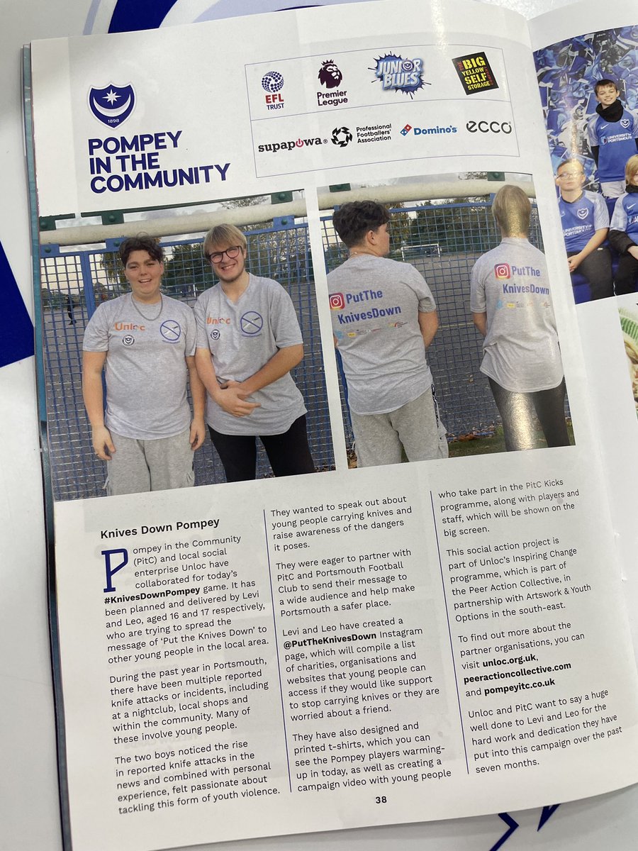 Great to see an article in @Pompey’s match day programme about our @unloc_uk Inspiring Change Programme participants Leo & Levi and their #knivesdownpompey campaign #peeractioncollective