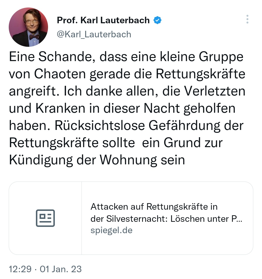 Der deutsche Gesundheitsminister hat seinen 1. Tweet im Jahr 2023 gelöscht.

Hier ist er nochmal zur Erinnerung:
