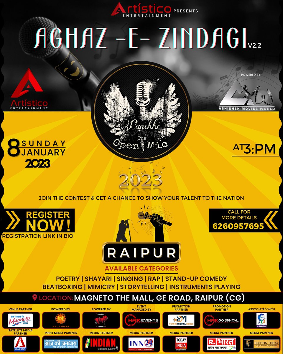 PanchhiOpenMic's tweet photo. AGHAZ -E- ZINDAGI 2023

Sunday, 8 JANUARY 2023 | At 3:00 PM

Venue:- MAGNETO THE MALL, GE ROAD, RAIPUR (CG)

REGISTER NOW
Call - 6260957695
Mail - panchhitheopenmic@gmail.com

Join the Contest &amp; Get a Chance to Show Your Talent to The Nation.
#AghazEZindagi #PanchhiTheOpenMic https://t.co/5qQtwTeK5H