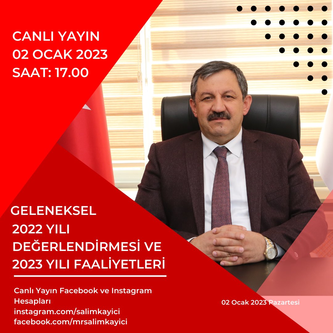 Geleneksel Yıl Sonu Değerlendirmesi ve Yeni Yıl Faaliyetleri Genel Bilgilendirme;

🎥 Canlı Yayınımız 02 Ocak 2023 Pazartesi günü saat:17.00 de Sosyal Medya Hesaplarımızda olacak

Instagram: instagram.com/salimkayici/

Facebook: facebook.com/mrsalimkayici