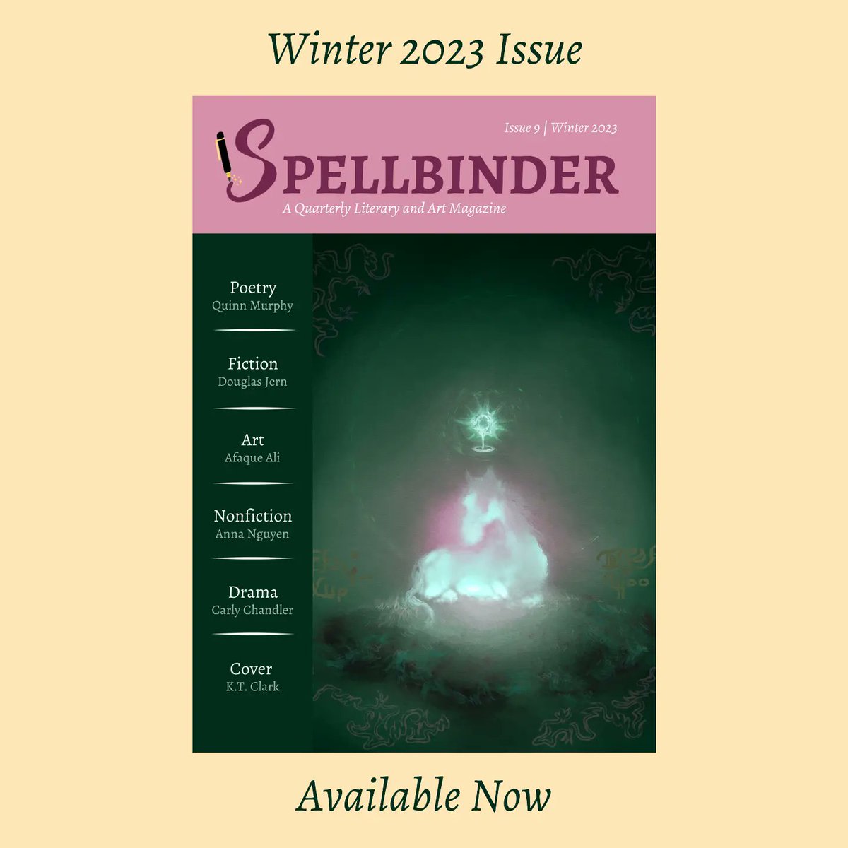 spellbindermag's tweet photo. The Winter 2023 Issue of Spellbinder is now available to buy in print at https://t.co/OigTPPDNlx! This is our ninth issue and we are so excited for you to read it ❄️✨🖋️
•••
PS The PDF version will become available through subscription next month. Cover art by @devilmeant https://t.co/cFj7QRQq3n
