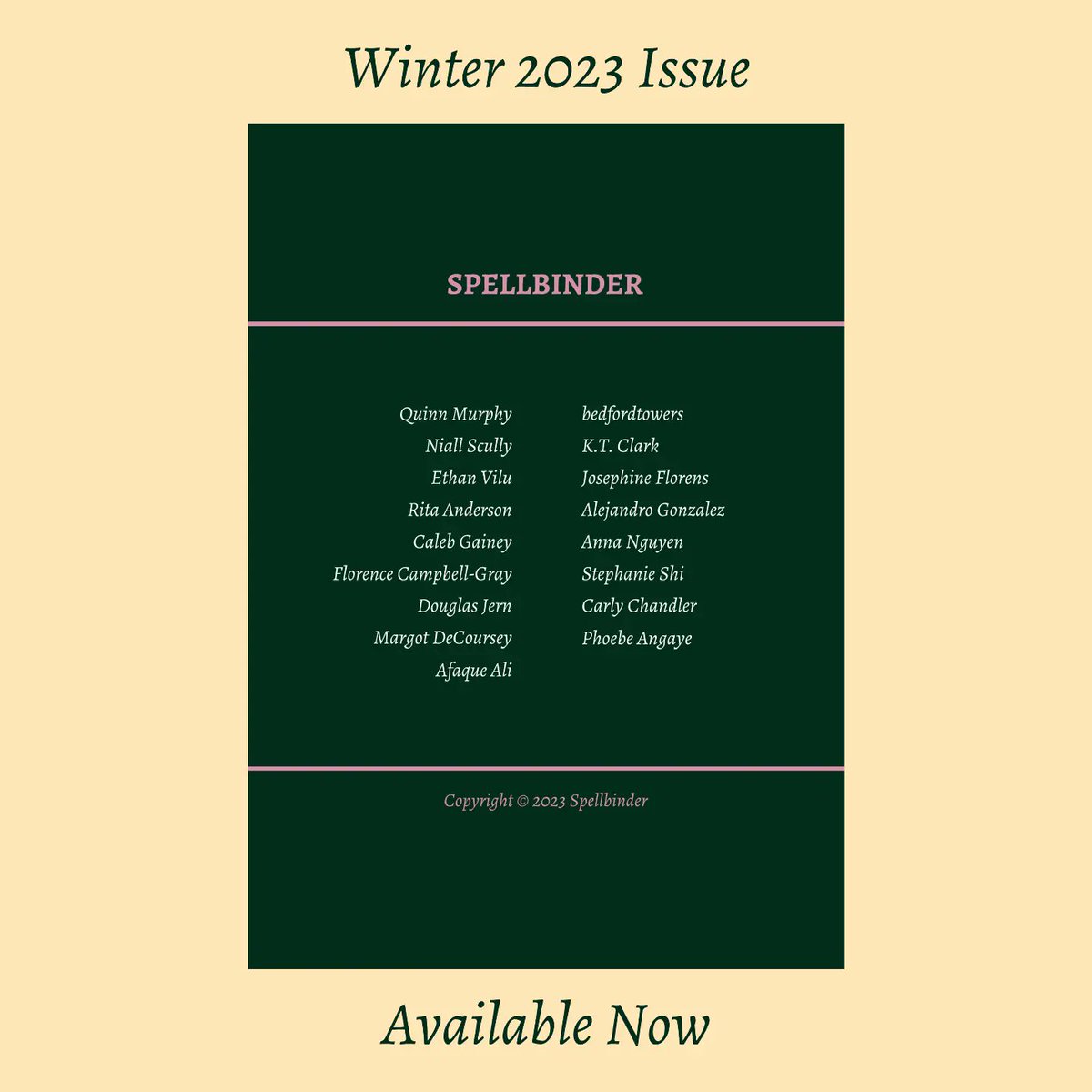 spellbindermag's tweet photo. The Winter 2023 Issue of Spellbinder is now available to buy in print at https://t.co/OigTPPDNlx! This is our ninth issue and we are so excited for you to read it ❄️✨🖋️
•••
PS The PDF version will become available through subscription next month. Cover art by @devilmeant https://t.co/cFj7QRQq3n