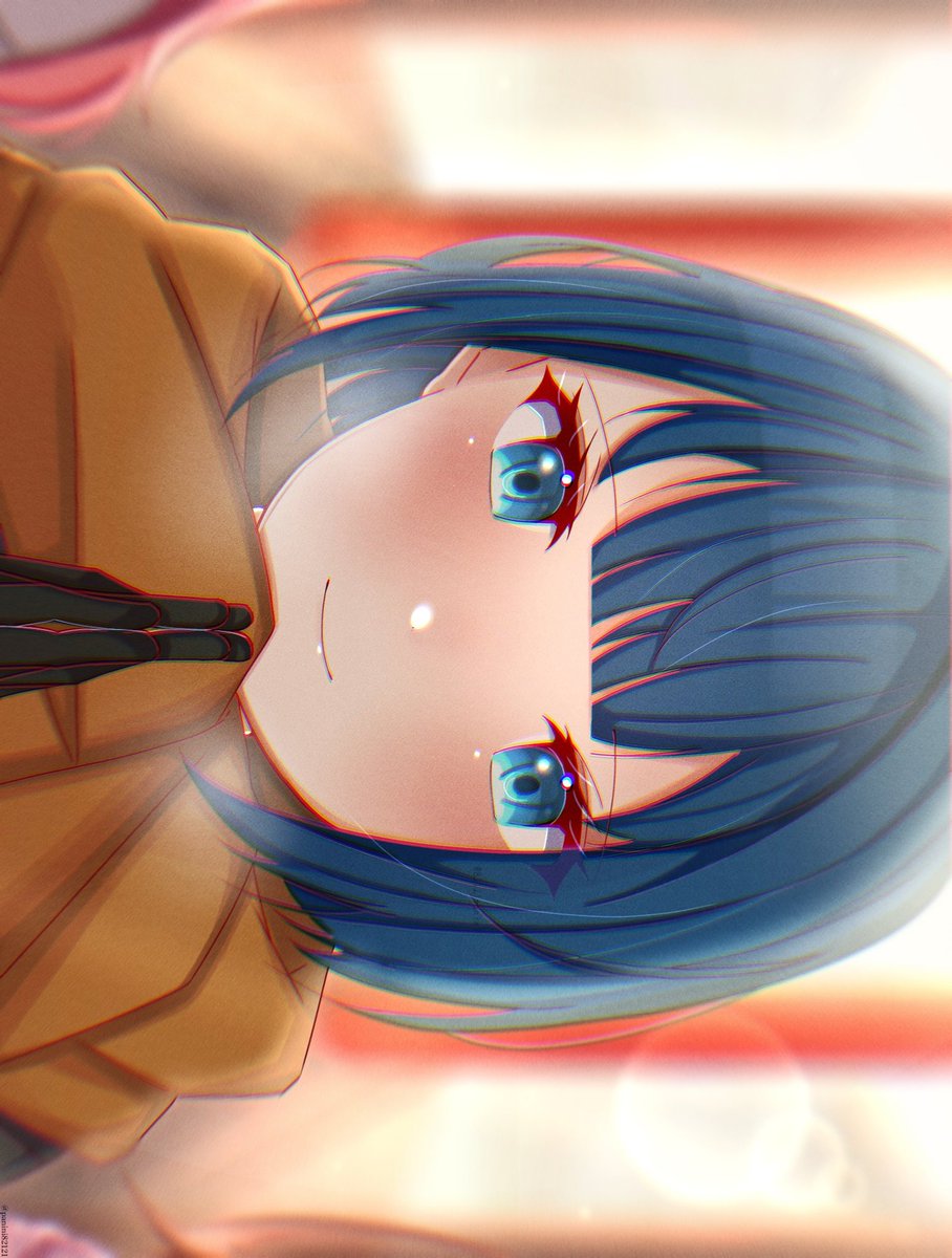 blue hair blue eyes smile 1girl looking at viewer blurry bangs  illustration images