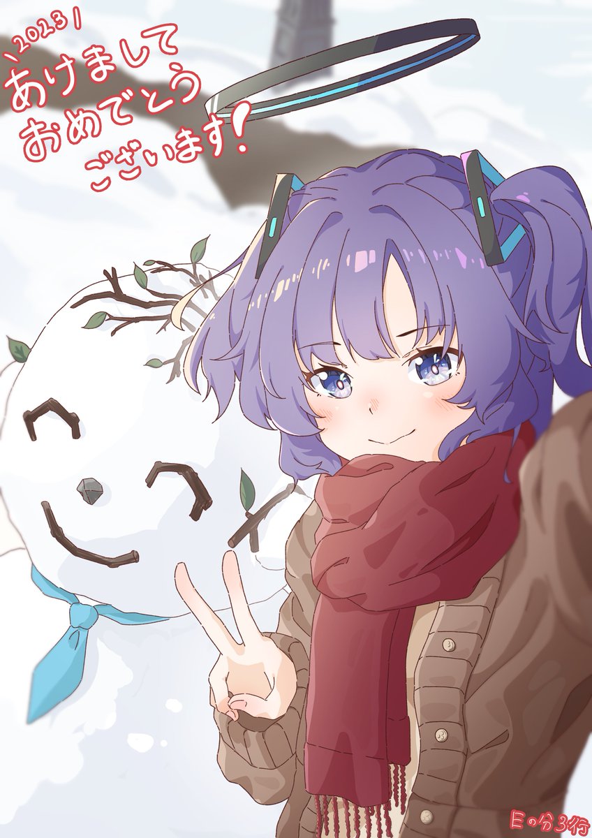 yuuka (blue archive) 1girl halo snowman v scarf purple hair smile  illustration images
