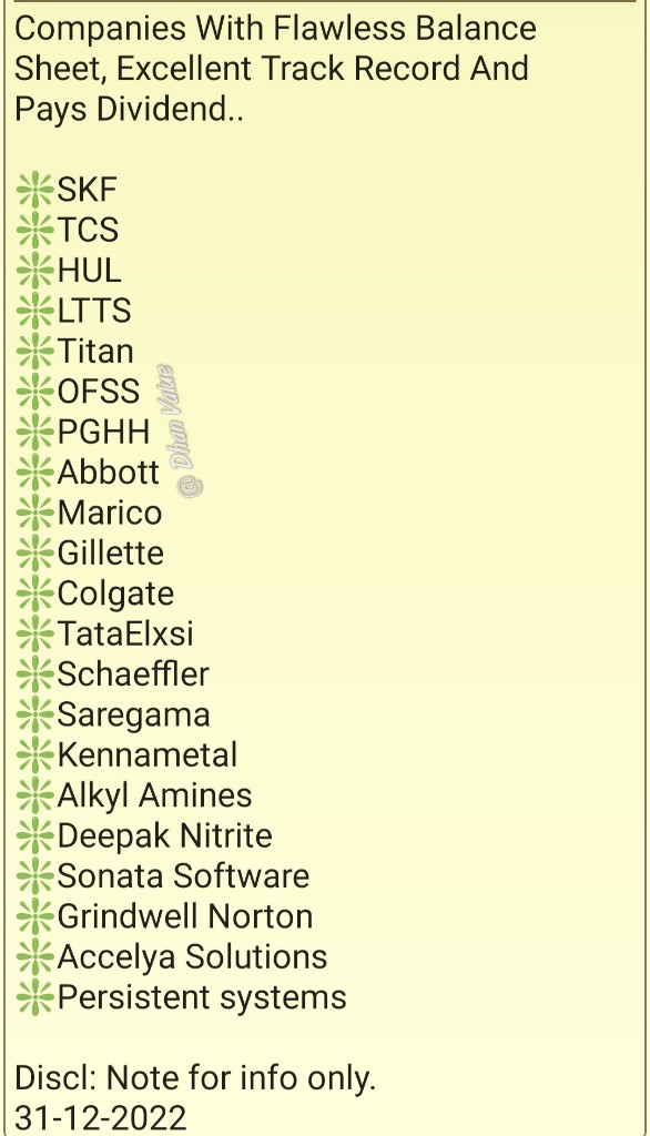 Companies With Flawless Balance Sheet, Excellent Track Record And 
Pays Dividend..