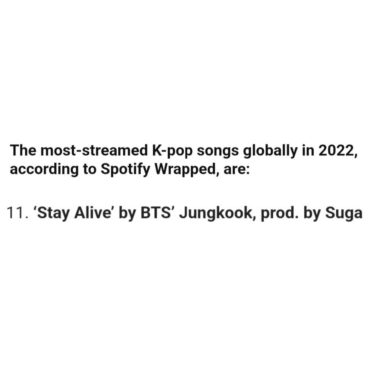 CONGRATULATIONS JUNGKOOK & SUGA for ‘Stay Alive (Prod. SUGA of BTS)’ being Spotify Wrapped 11th most-streamed K-Pop song globally in 2022!!

CONGRATULATIONS JUNGKOOK
CONGRATULATIONS SUGA
#StayAlive_CHAKHO
#JUNGKOOK #정국 #BTSJUNGKOOK
#SUGA #슈가 #BTSSUGA
#BTS #방탄소년단
@BTS_twt