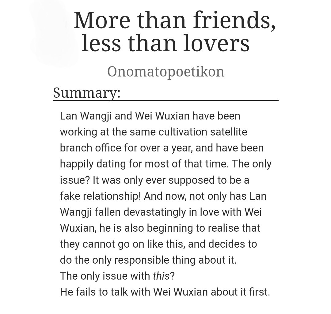 Onomato_poetic's tweet photo. It is revealed! :D
"More than friends, less than lovers" is a

✒️ 6,5K
✨️ modern WangXian
👬 fake dating in the cultivation workplace
👨‍❤️‍💋‍👨 with a happy ending

written for @gaycowboyjesus as part of the @mdzssecretsanta exchange! 🎁

https://t.co/GT5utCwXin https://t.co/j2Uj73jSaP