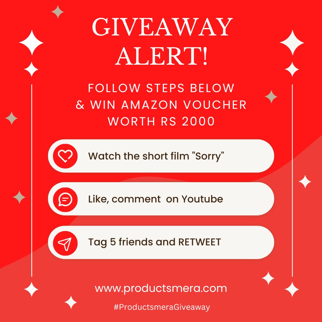 productsmera's tweet photo. Participate &amp; Win Amazon Voucher.

1.  Watch the Short film "Sorry!" here: https://t.co/pAoWynmvmE
2. Like, comment on Youtube
3. Retweet &amp; Tag 

#ContestAlert #giveaway #ContestAlertIndia  #giveawaycontest #contestindia #NewYearResolution https://t.co/oNx9UGBQuM