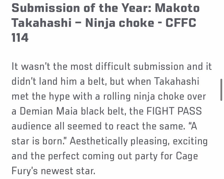 sharakiro's tweet photo. MMAニュースです👩🏻💻
UFC FIGHT PASS AWARDSのサブミッションオブザイヤーに神龍誠選手のニンジャチョークが選ばれました🎉
#CFFC114 https://t.co/dnkGiYHm40