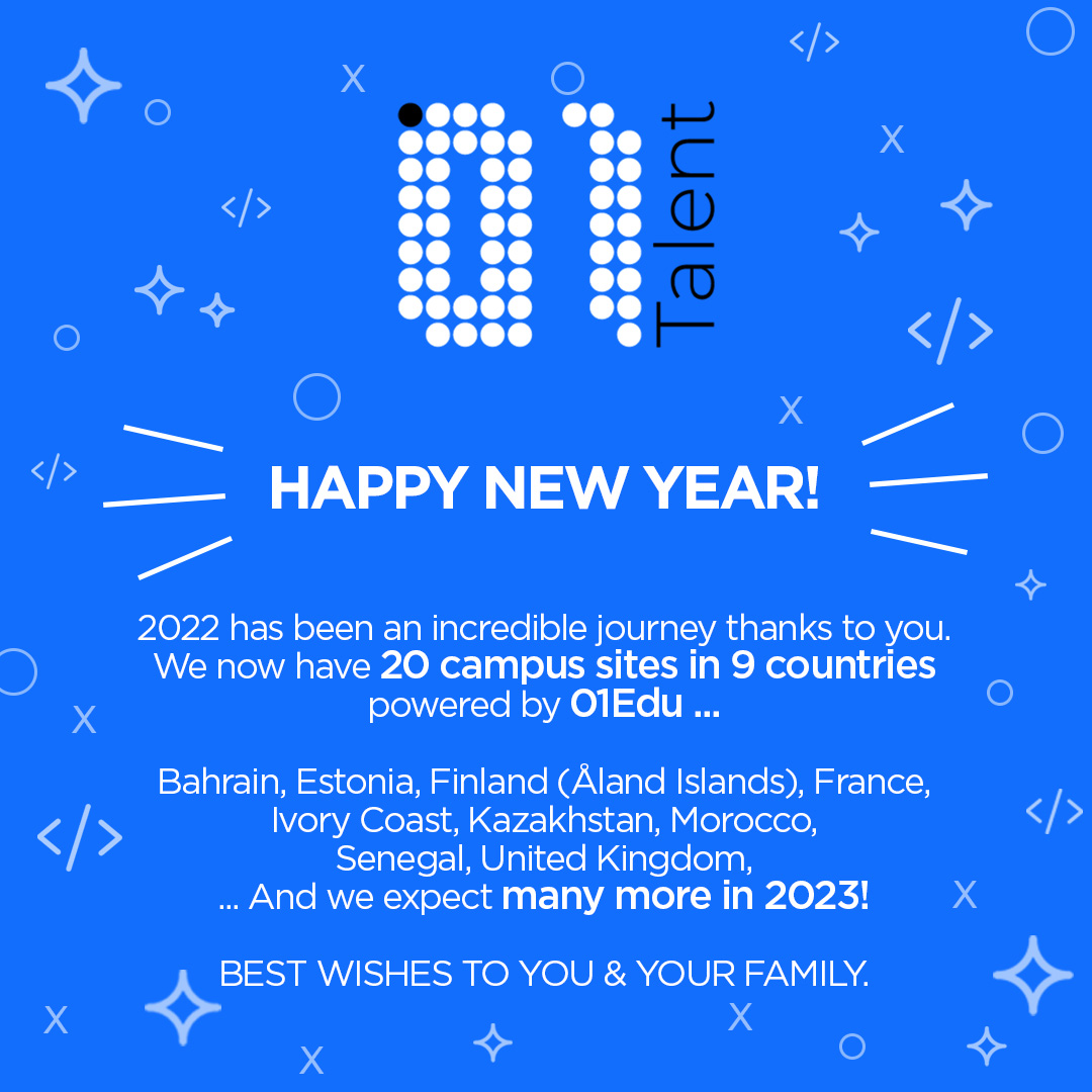 01Talent (@_01talent) on Twitter photo 🥂Happy New Year! 🥂
Thank you to all our partners who have accompanied us so far!
🇫🇷 <a href="/Zone01Rouen/">Zone01 Rouen Normandie</a>
🇸🇳 <a href="/z01Dakar/">Zone01 Dakar</a>
🇬🇧 <a href="/01_Founders/">01 Founders</a>
🇲🇦 <a href="/YnovCampus/">YNOV Campus</a>
🇨🇮 <a href="/DigiFemmes/">DigiFemmes Côte d'Ivoire</a>
🇧🇭 <a href="/reboot01/">reboot01</a>
🇰🇿 Alem and Academie One
🇫🇮 grit:lab Åland Islands
🇪🇪 <a href="/koodjohvi/">kood/Jõhvi</a>
and we expect many more in 2023! 🥂Happy New Year! 🥂
Thank you to all our partners who have accompanied us so far!
🇫🇷 <a href="/Zone01Rouen/">Zone01 Rouen Normandie</a>
🇸🇳 <a href="/z01Dakar/">Zone01 Dakar</a>
🇬🇧 <a href="/01_Founders/">01 Founders</a>
🇲🇦 <a href="/YnovCampus/">YNOV Campus</a>
🇨🇮 <a href="/DigiFemmes/">DigiFemmes Côte d'Ivoire</a>
🇧🇭 <a href="/reboot01/">reboot01</a>
🇰🇿 Alem and Academie One
🇫🇮 grit:lab Åland Islands
🇪🇪 <a href="/koodjohvi/">kood/Jõhvi</a>
and we expect many more in 2023!