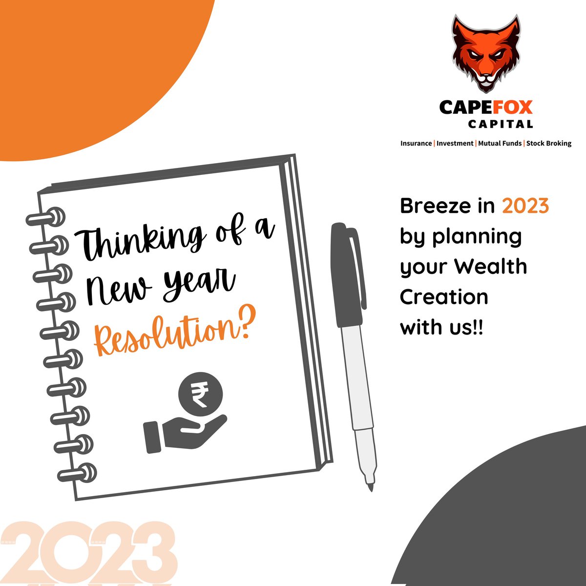 capefoxcapital's tweet photo. Here's wishing you a very Happy New Year-2K23. May it be filled with new adventures and good fortunes.
.
.
#CapefoxCapital #Insurance #Investment #MutualFunds #StockBroking #PortfolioManagement #InvestmentAdvisors #HappyNewYear #SmartInvestment #FinancialSolutions #Welcome2023 https://t.co/ksxlMUNoBh