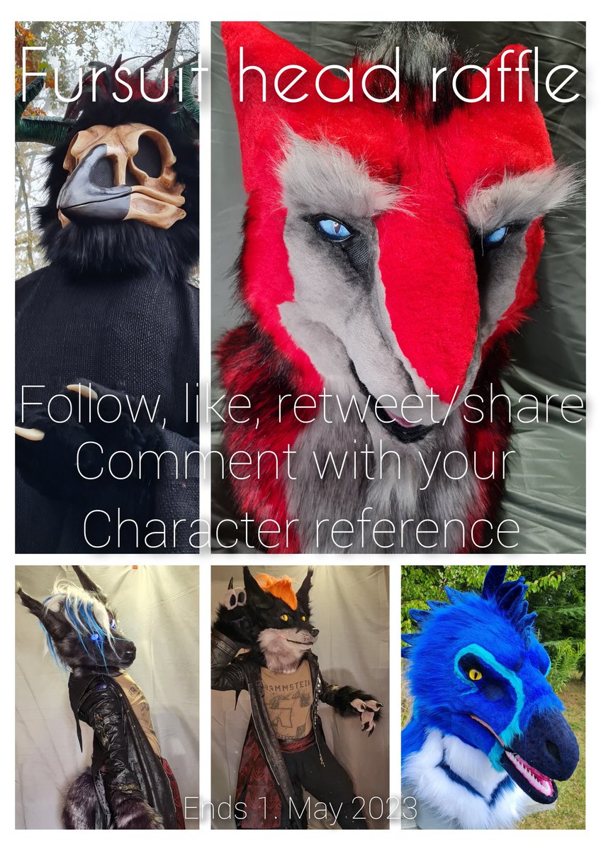 ✨️Fursuit head raffle✨️

To celebrate a new year and give something back to the community.

You have the chance to win a free custom Fursuit head from me.
(Shipping must be paid)

Follow, like, RT, comment with your character to enter.

Ends 1.May2023 6pm ger time