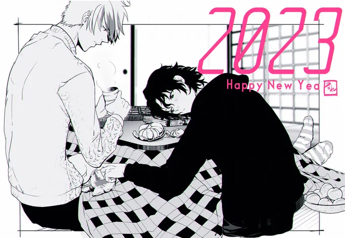 明けましておめでとうございます🎍🐰今年の描き始めはやっぱり月寿から💙🧡 