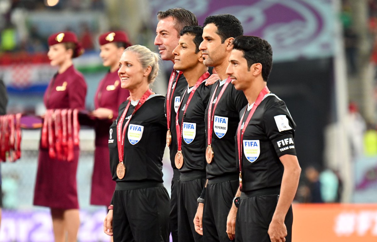 KSeitz5's tweet photo. @FIFAWWC Not only did we have a trio of women referee at the World Cup Qatar, we also had women on stage in the final matches.  Quality refereeing recognized no matter the gender!  Amazing step forward https://t.co/UONSMap5WB