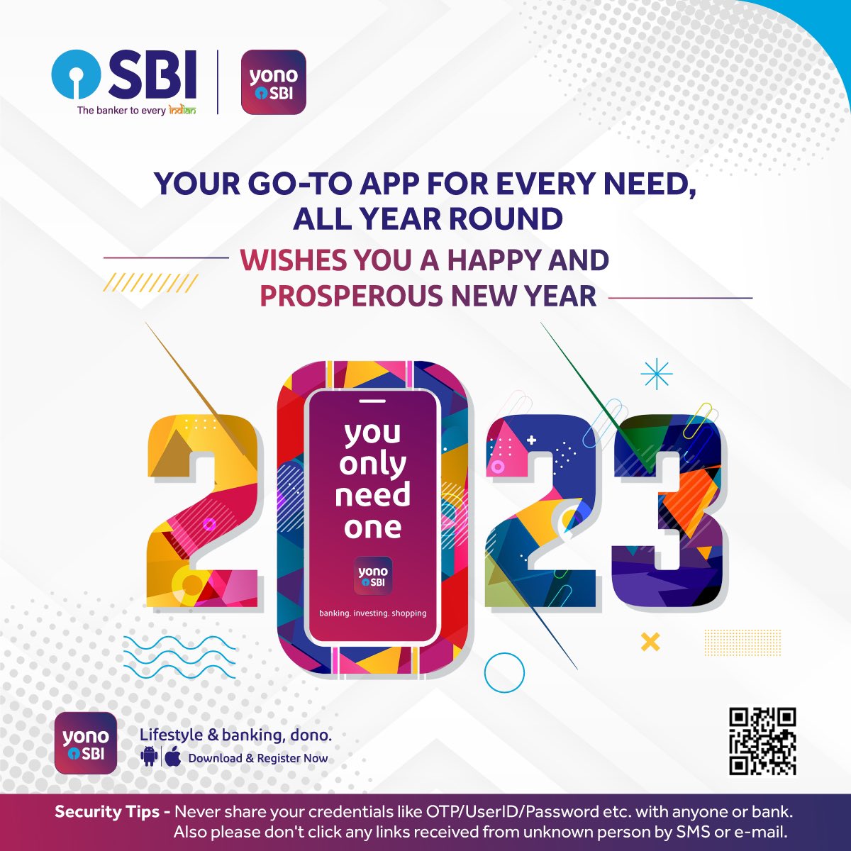 TheOfficialSBI's tweet photo. YONO SBI wishes you &amp; your family a Happy &amp; Prosperous New Year 2023.

#NewYearWithSBI #NewYear #NewYear2023 #SBI #YONO https://t.co/AcM9haUkyk