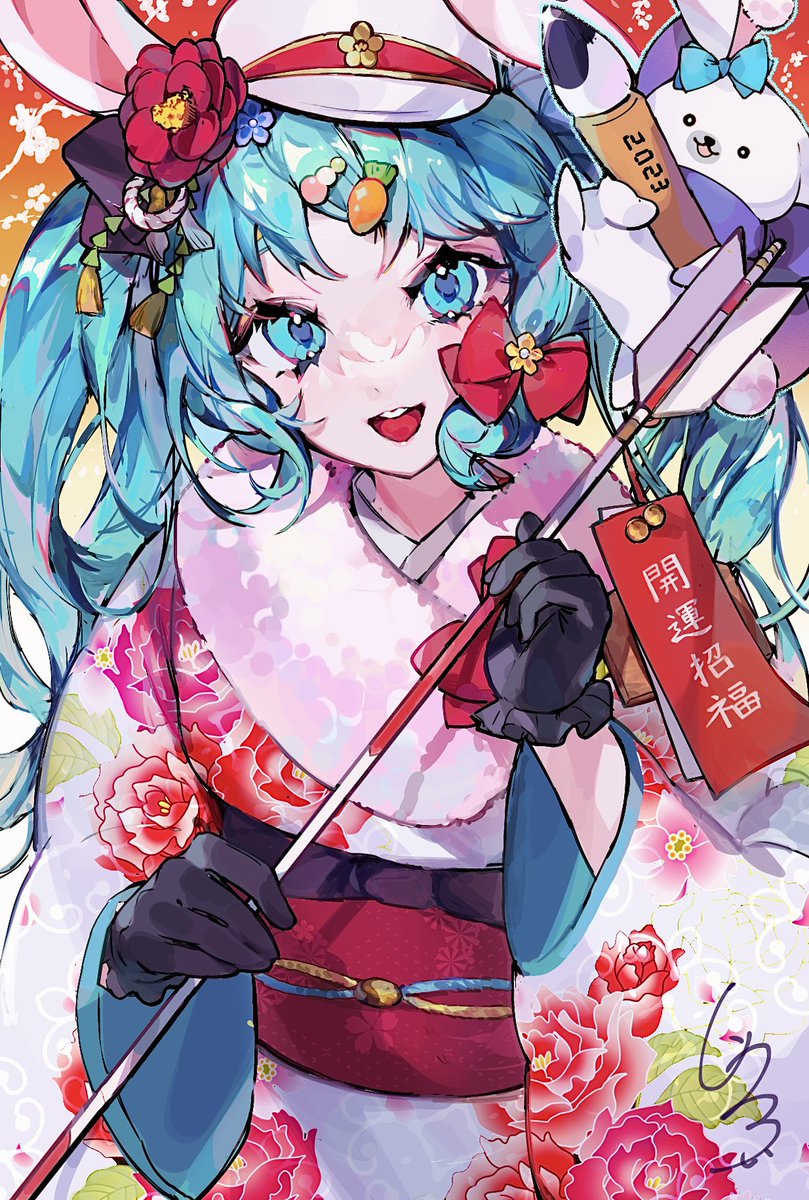 hatsune miku 1girl kimono hair ornament japanese clothes gloves animal ears flower  illustration images