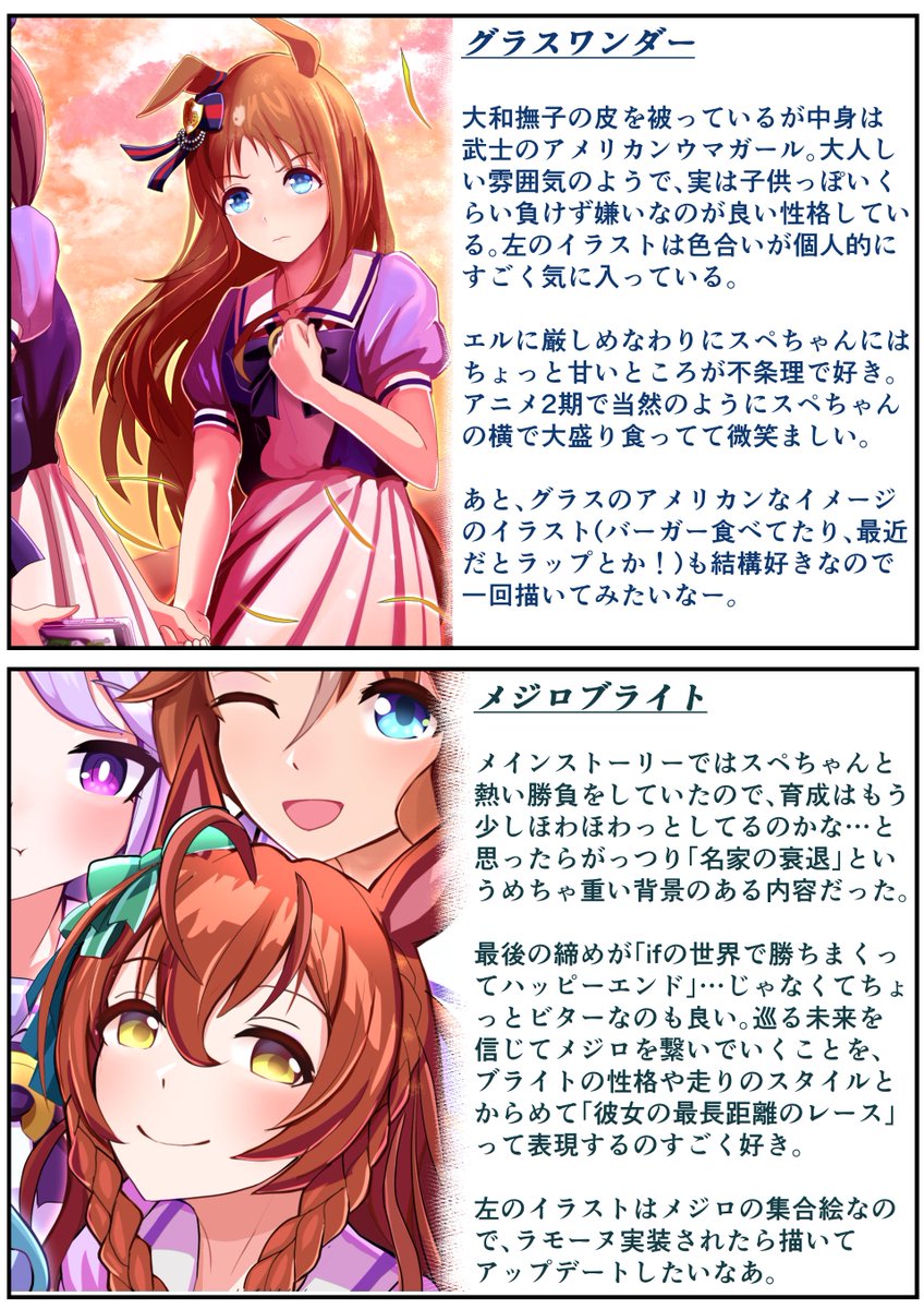 去年もやったウマ娘についてイラストと一緒に感想をつらつら書いてみました。その③

・私は実際の競馬は詳しくないのでそれ関連の話はありません。
・各ウマ娘の育成ストーリーやアニメのネタばれあります

https://t.co/nsW8z3jnMm
あけましておめでとうございます!
今年もよろしくお願いします! 