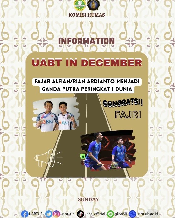 uabt_ub's tweet photo. Wahh ada apa nihh🤔 
Resmi menjadi rangking 1 dunia, Fajar Alfian mengaku bersyukur kerja keras yang ia bangun dengan Rian Ardianto selama delapan tahun terakhir banyak mendapatkan gelar hingga puncaknya tahun ini meraih penghargaan BWF Most Improved Player of the Year 2022.🎉 https://t.co/Iv2Q9h5eK0
