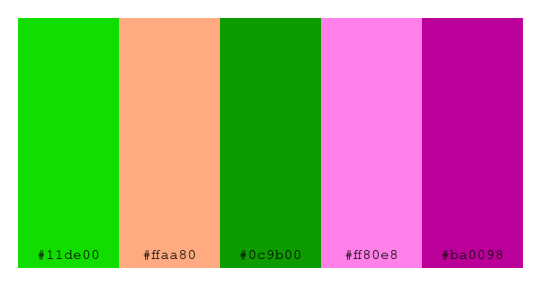 ColPaletteBot's tweet photo. Beep beep, here's a pretty color palette for you!
color-scheme.js parameters used:
- hue: 175
- variation: default
- colors: #11de00, #ffaa80, #0c9b00, #ff80e8, #ba0098
Have a lovely day!
#twitterbot #colorpalette #colors #palette #prettycolors https://t.co/quiNRSE7bm