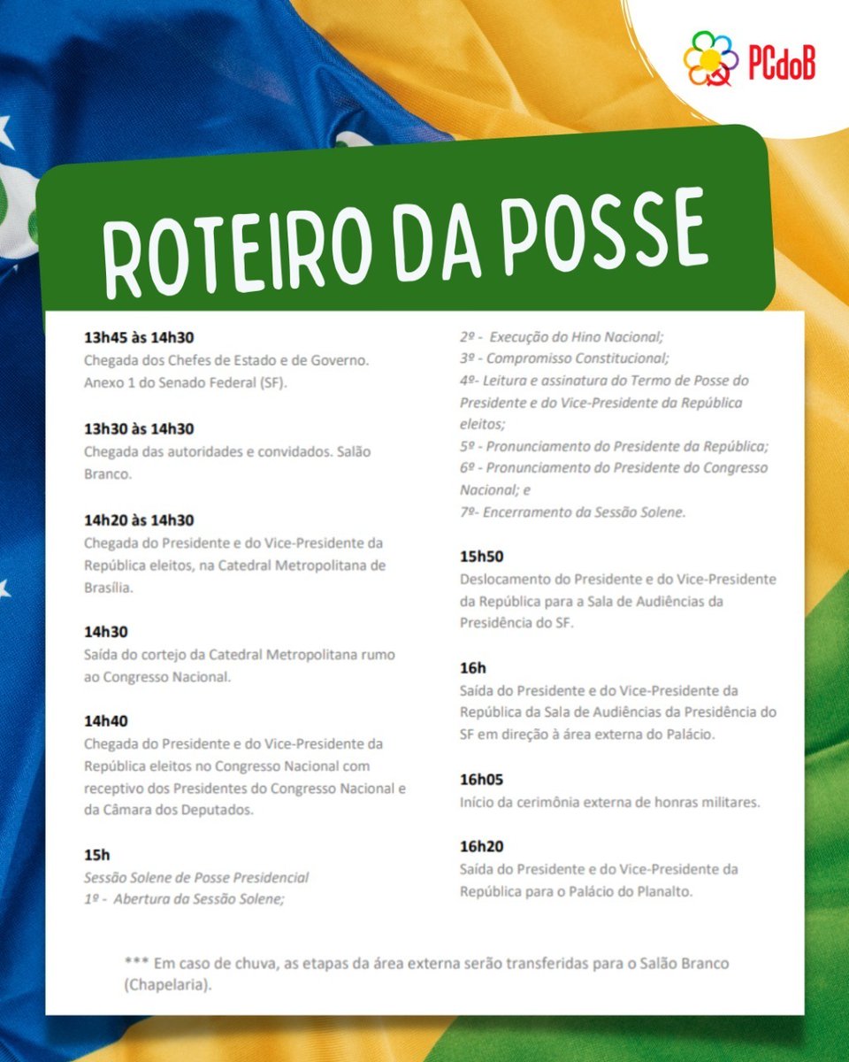 pcdob_oficial's tweet photo. É HOJE, Brasil! Lula e o povo brasileiro vão subir a rampa do Planalto! ❤🇧🇷 CONFIRA o roteiro. 

#PCdoBcomLula #BrasilDaEsperança #BrasilDoFuturo https://t.co/xyiUkaTKM4