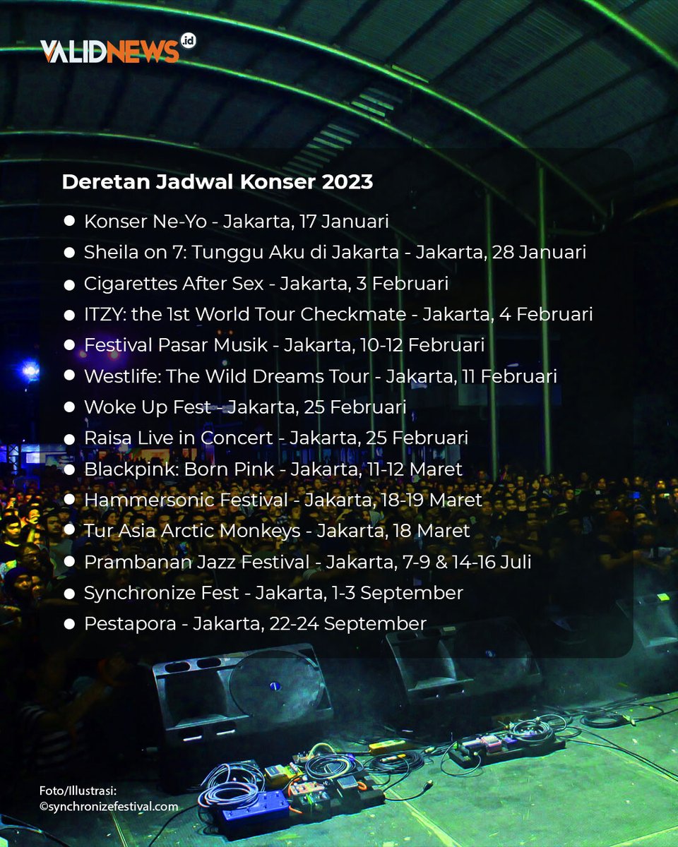 validnewsid's tweet photo. Masuk tahun 2023, deretan konser siap menghibur masyarakat. Bahkan tiket konser beberapa artis seperti @blackpinkofficial dan Arctic Monkeys sudah soldout pada tahun sebelumnya. Berikut jadwal pertunjukan musik 2023.
#konsermusik #konser2023 #infogigs #ReferensiTeruji https://t.co/bPQEp1t0ax